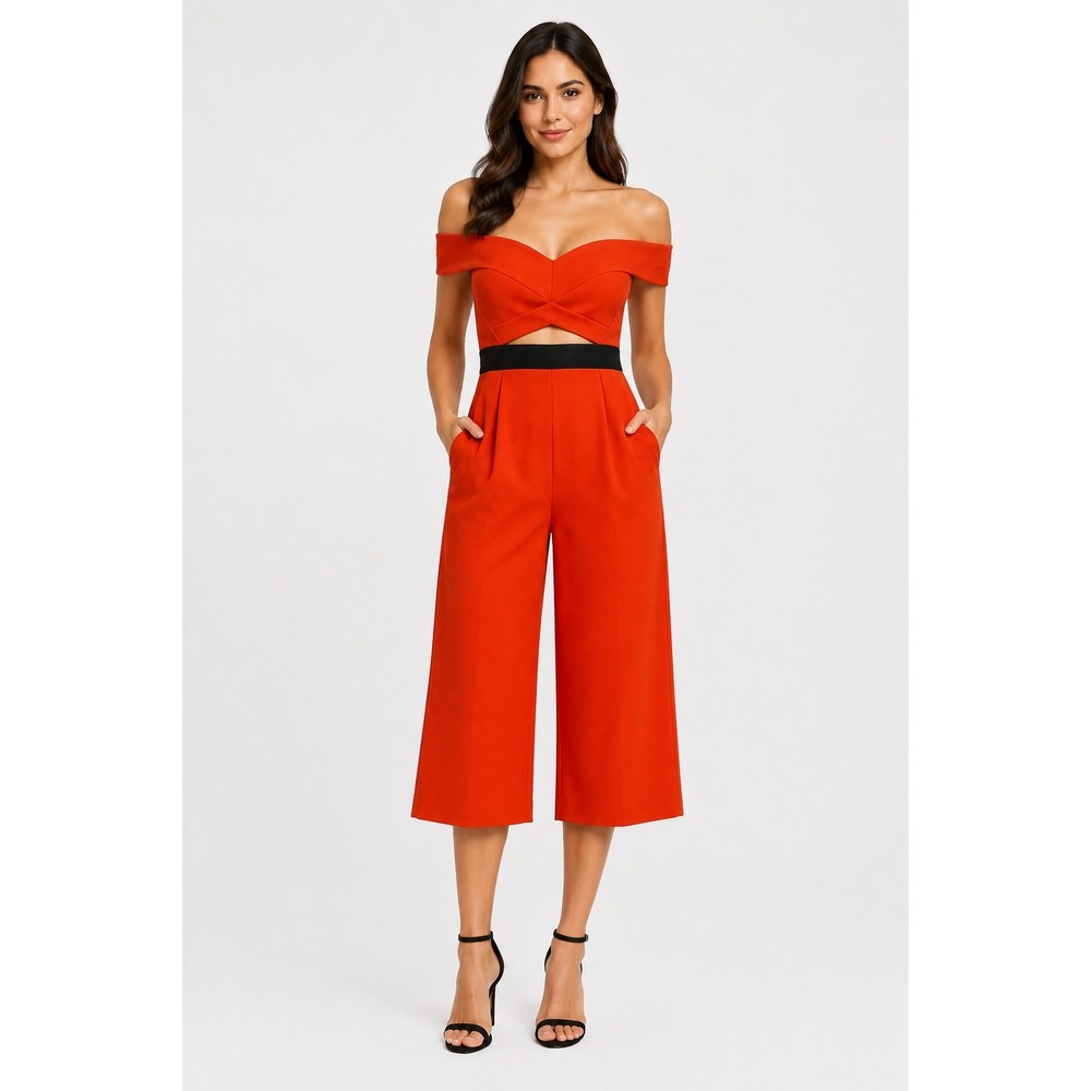 Self-Portrait Jumpsuit Womens 8 Red New Off Shoulder Cutout Wide Leg SP10 023